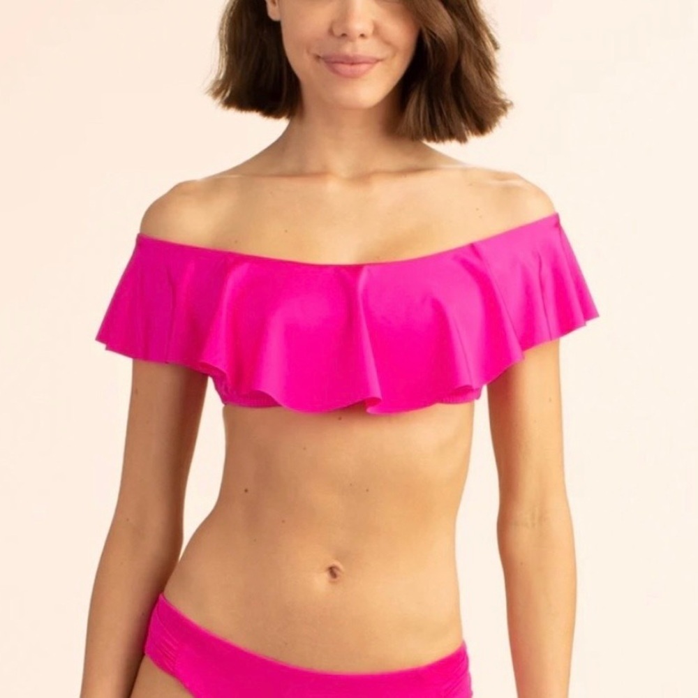 Trina Turk Fuchsia Ruffle Off Shoulder Bikini Top NWT Size 14 Swim Boho Resort